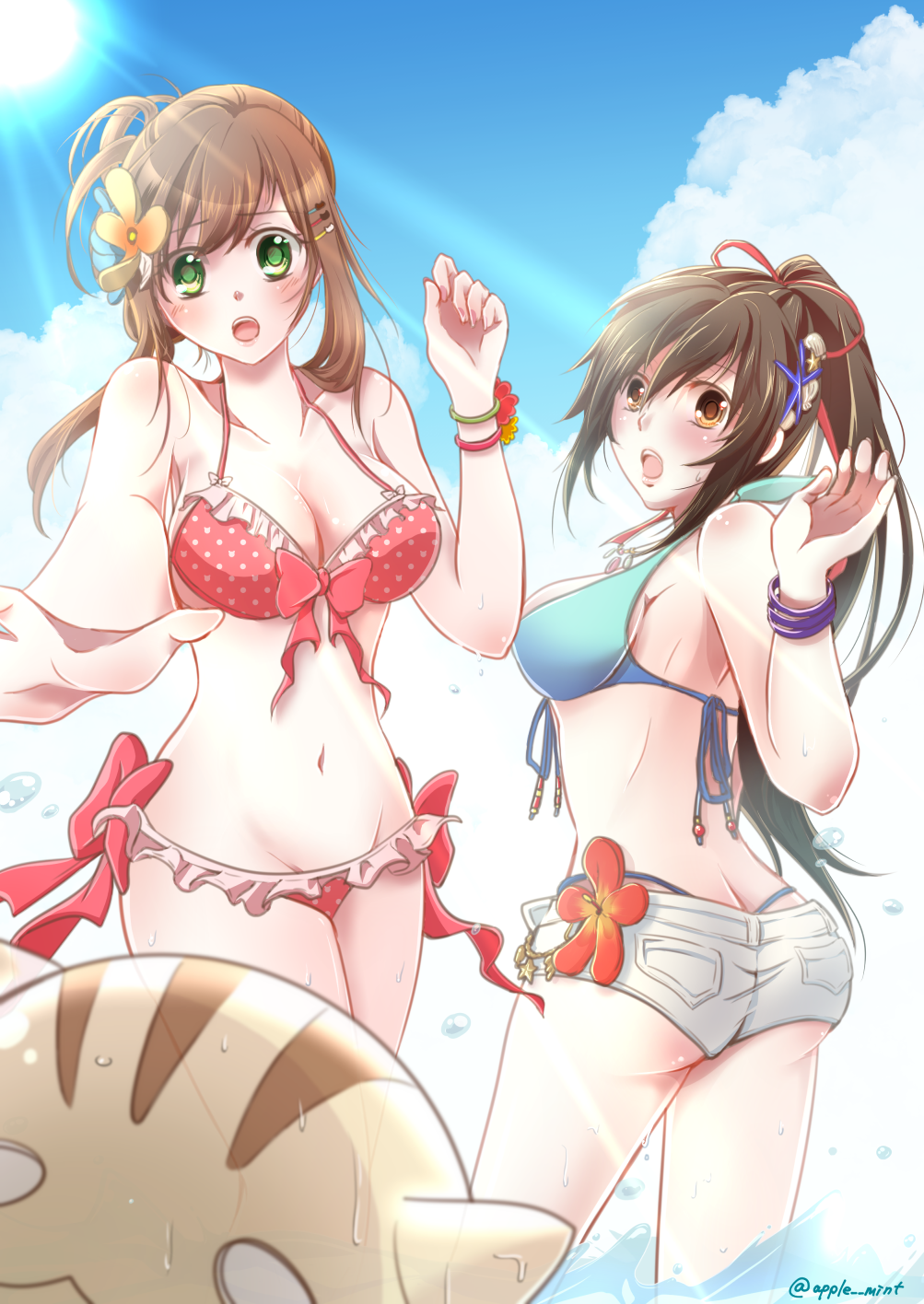 2girls, alternate_costume, ass, bad_id, bad_pixiv_id, bikini, bikini_top, blush