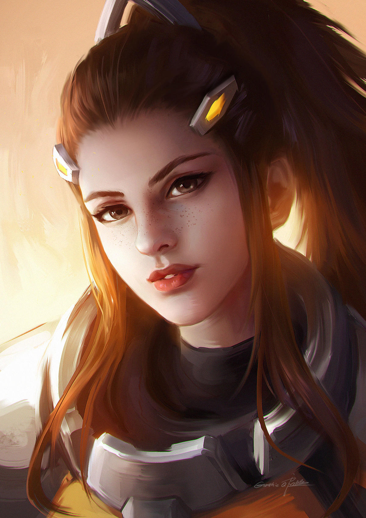 1girl, brigitte_(overwatch), brown_eyes, brown_hair, commentary_request, freckles, highres, lips