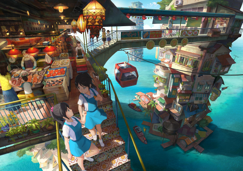 4boys, 6+girls, aerial_tram, air_conditioner, black_hair, blue_dress, boat, brown_eyes