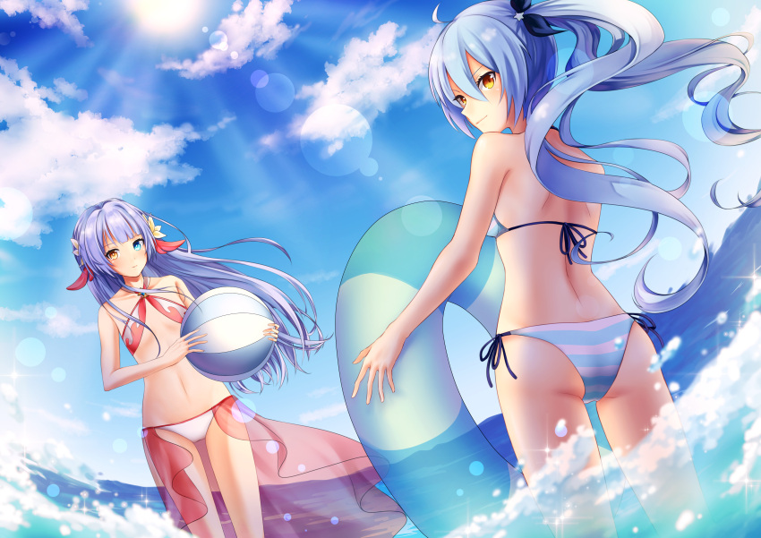 2girls, absurdres, ahoge, ass, ball, bangs, bare_arms, bare_back