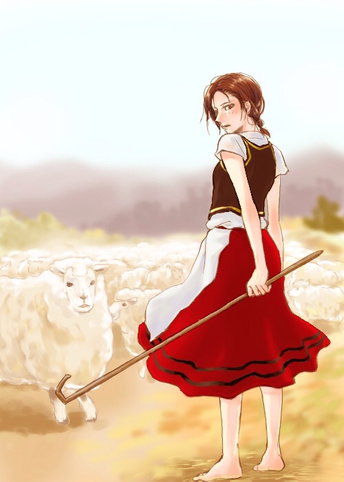 1girl, barefoot, braid, brown_eyes, brown_hair, freckles, looking_at_viewer, red_skirt