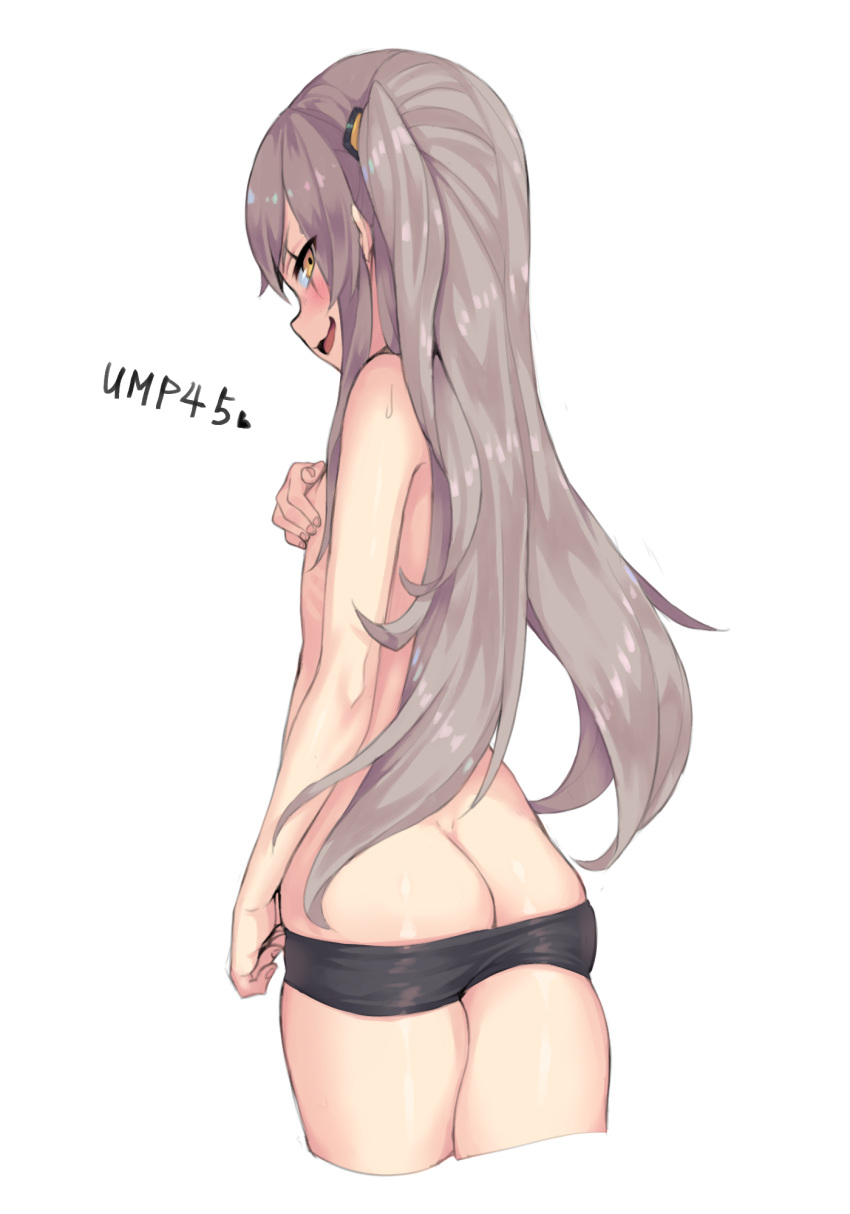 1girl, ass, blush, character_name, crossed_legs, flat_chest, girls_frontline, gogongzid, highres, long_hair, looking_at_viewer, one_side_up, partially_undressed, scar, scar_across_eye, smile, solo, sweat, ump45_(girls_frontline), white_background, yellow_eyes