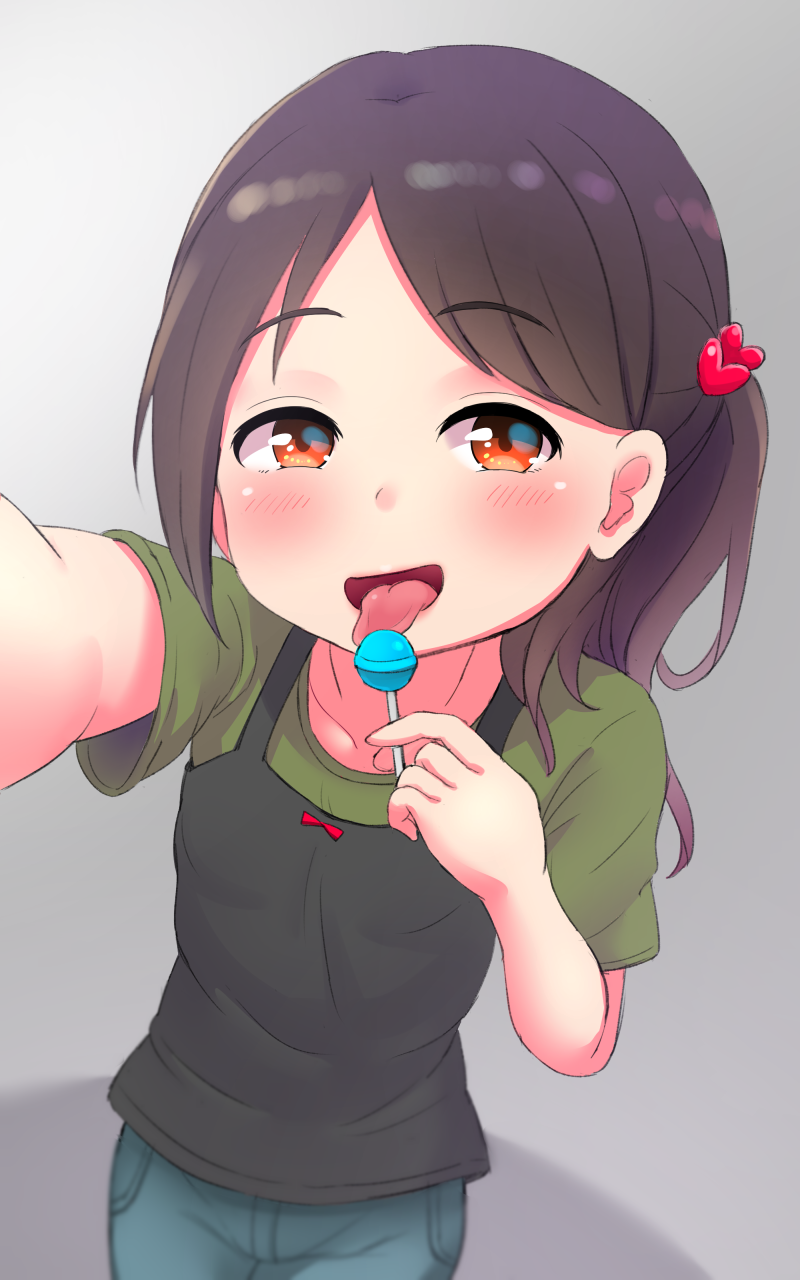 1girl, arm_up, black_hair, brown_eyes, candy, commentary_request, denim, food