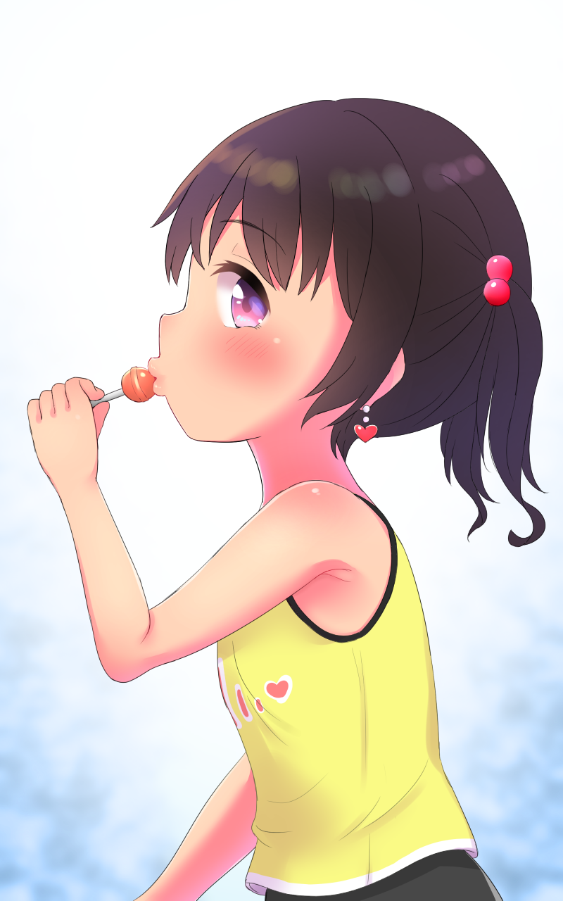 1girl, arm_up, armpits, black_hair, candy, earrings, eating, food