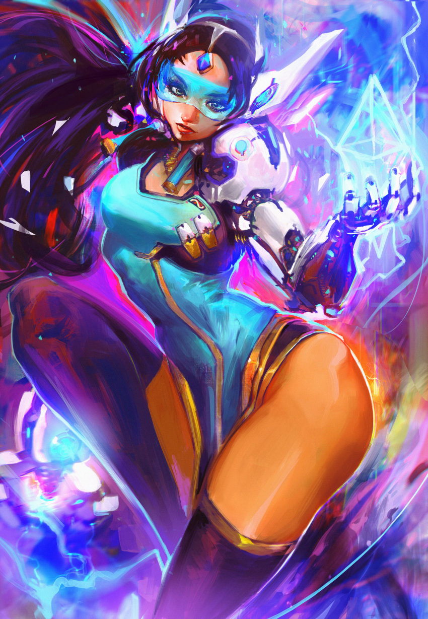 1girl, abstract, absurdres, andres_blanco, black_hair, black_legwear, blue_dress, breasts