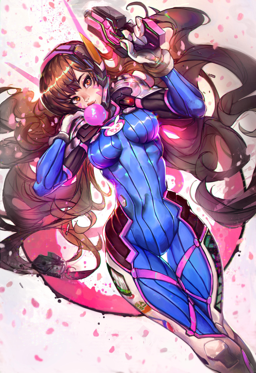 1girl, absurdres, andres_blanco, animal_print, bangs, blue_bodysuit, bodysuit, breasts, bubble_blowing, bunny_print, chewing_gum, commentary, d.va_(overwatch), english_commentary, facepaint, gun, handgun, headphones, high_collar, highres, holding, holding_gun, holding_weapon, long_hair, medium_breasts, nose, overwatch, pilot_suit, pink_lips, pistol, ribbed_bodysuit, shoulder_pads, skin_tight, solo, swept_bangs, thigh_gap, very_long_hair, weapon, whisker_markings