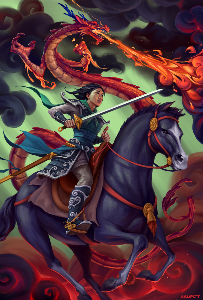 1girl, absurdres, adlovett, black_eyes, black_hair, breathing_fire, brown_eyes, claws