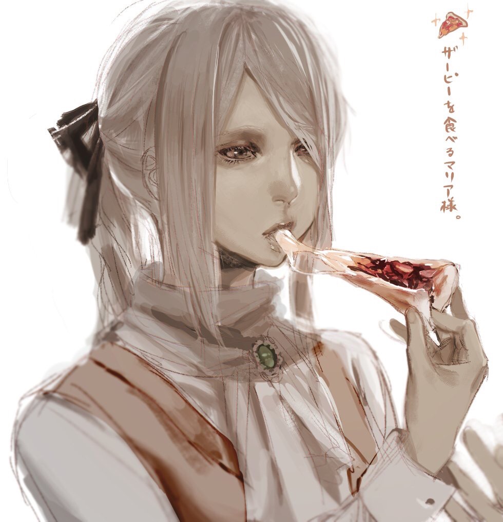 1girl, ascot, blonde_hair, bloodborne, cheese_trail, eating, food, gothic, hair_ribbon, issa_(zgjj7328), lady_maria_of_the_astral_clocktower, long_hair, long_sleeves, no_hat, no_headwear, pizza, ponytail, ribbon, shirt, slice_of_pizza, solo, the_old_hunters, translated