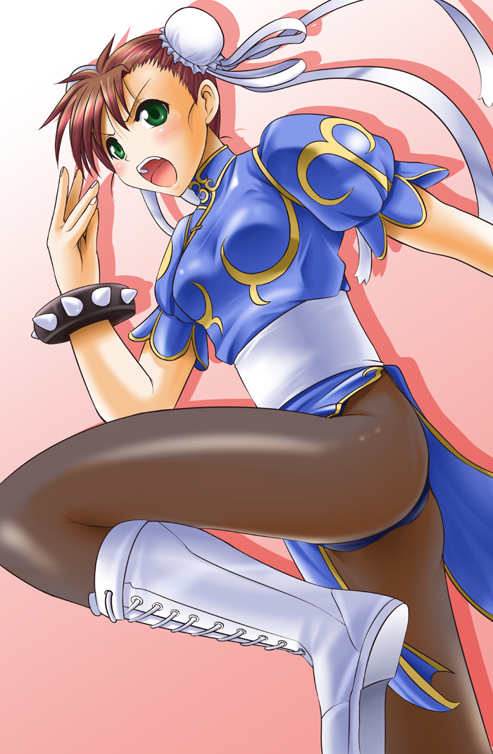 1girl, arm_up, bangs, blue_dress, boots, bracelet, brown_hair, brown_legwear