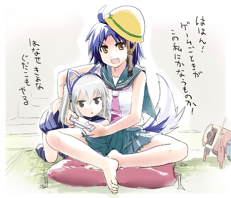 animal_ears, bad_id, barefoot, black_eyes, blue_hair, brown_eyes, controller, fake_animal_ears