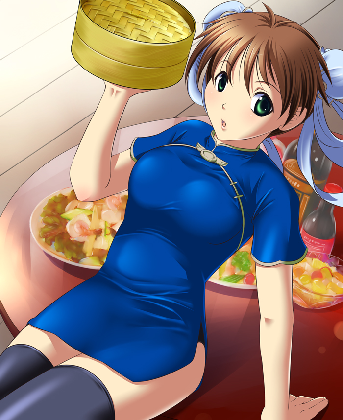 1girl, arm_up, bamboo_steamer, bangs, black_legwear, blue_dress, bottle, bowl