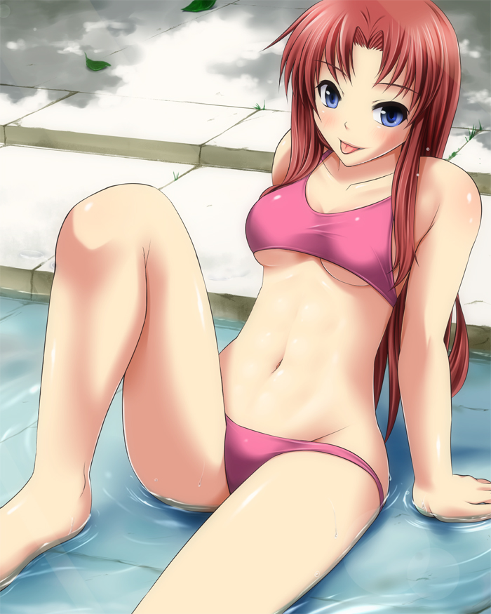 1girl, :p, arms_behind_back, bangs, bare_legs, bikini, blue_eyes, blush