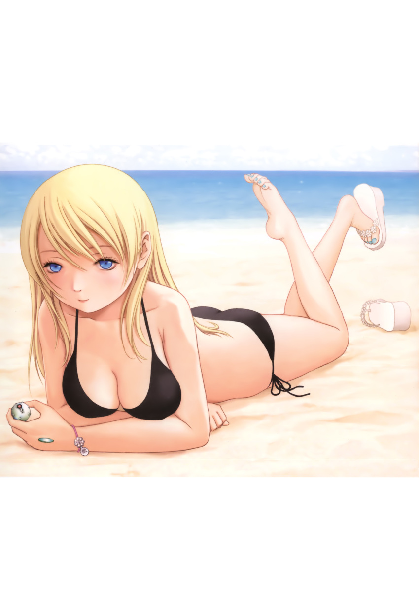 1girl, absurdres, ass, barefoot, beach, bikini, black_bikini, blonde_hair, blue_eyes, blue_nails, bracelet, btooom!, day, feet, highres, himiko_(btooom!), inoue_jun'ya, jewelry, long_hair, lying, nail_polish, official_art, on_stomach, sand, shoes, side-tie_bikini, single_shoe, soles, solo, swimsuit, third-party_source, toenail_polish, toes