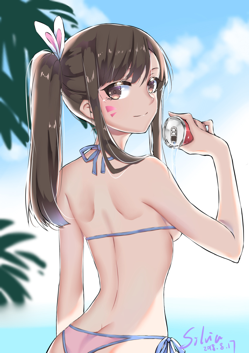 1girl, absurdres, artist_name, ass, back, bangs, bikini, blizzard_(company), breasts, brown_eyes, brown_hair, bunny_hair_ornament, butt_crack, can, cute, d.va_(overwatch), dated, day, facepaint, facial_mark, from_behind, hair_ornament, highres, long_hair, looking_at_viewer, looking_back, outdoors, overwatch, palm_tree, piao_qi_jiangjun, pouring, side-tie_bikini, sideboob, sidelocks, smile, solo, string_bikini, summer, swept_bangs, swimsuit, tree, twintails, upper_body, whisker_markings
