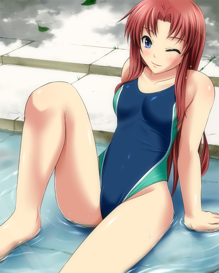 1girl, arms_behind_back, bangs, blue_eyes, blue_swimsuit, blush, breasts, brown_hair