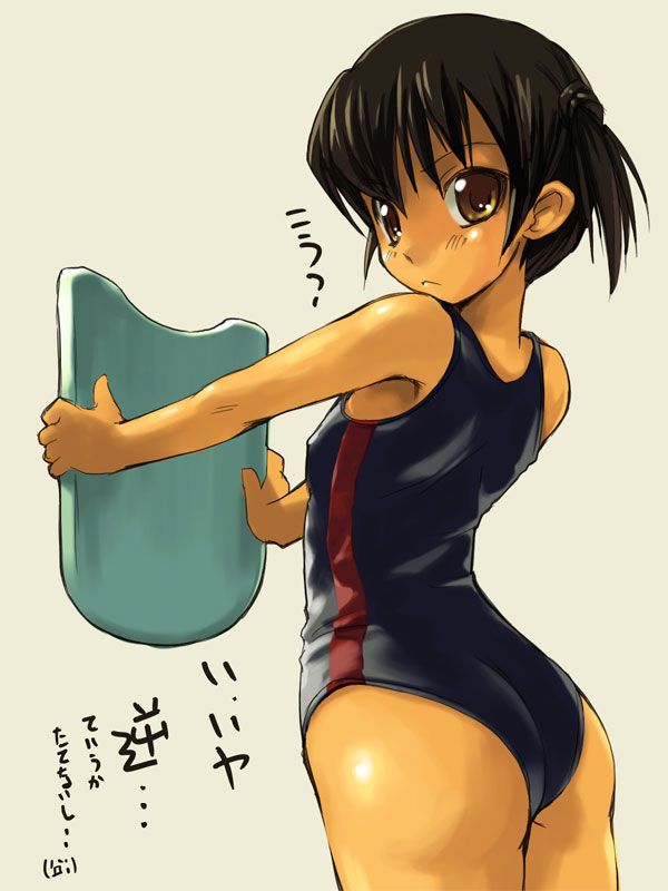 back, bosshi, brown_eyes, brown_hair, dark_skin, flat_chest, kickboard, looking_back