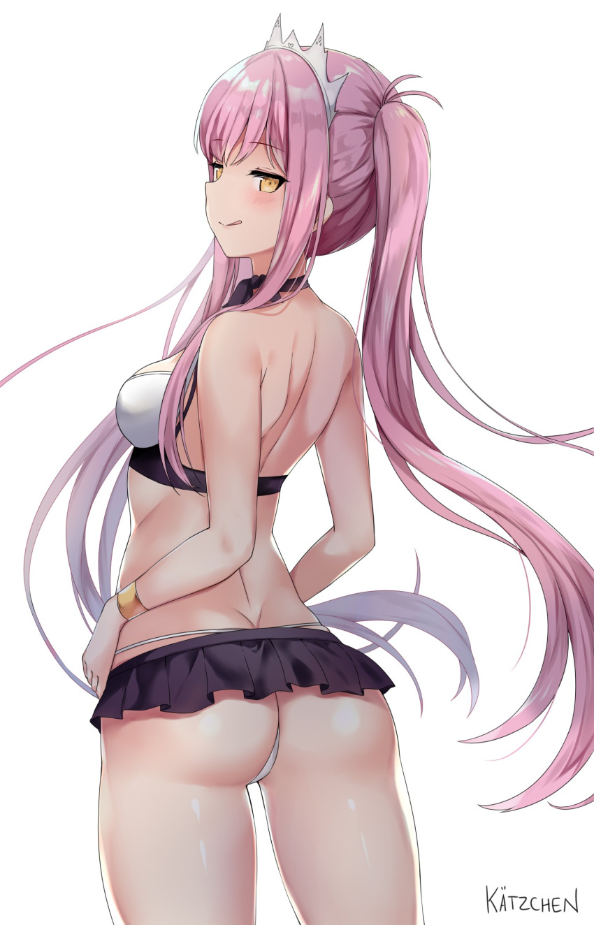 1girl, :q, alternate_costume, ass, back, bangs, bare_shoulders, bikini, bikini_skirt, blunt_bangs, blush, breasts, butt_crack, commentary, cowboy_shot, eyebrows_visible_through_hair, fate/grand_order, fate_(series), from_behind, half-closed_eyes, hands_on_hips, highres, kaetzchen, long_hair, looking_at_viewer, looking_back, medb_(fate)_(all), medb_(swimsuit_saber)_(fate), medium_breasts, open_mouth, pink_hair, shiny, shiny_skin, shoulder_blades, sidelocks, signature, simple_background, smile, solo, swimsuit, tiara, tongue, tongue_out, tsurime, very_long_hair, white_background, yellow_eyes