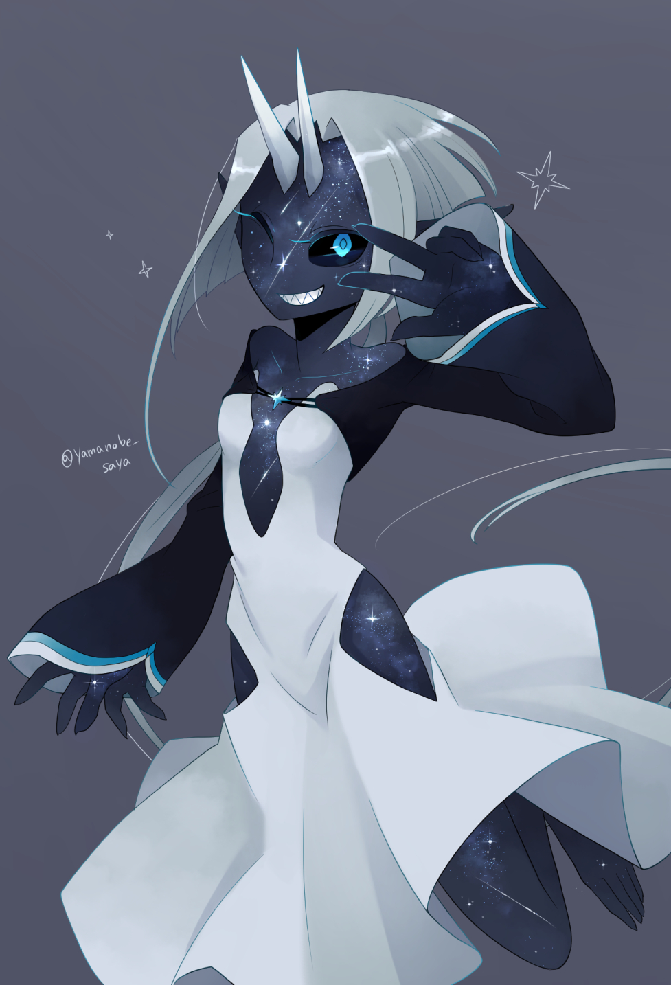 1girl, asymmetrical_hair, black_sclera, black_skin, blue_eyes, commentary_request, dress, grey_background