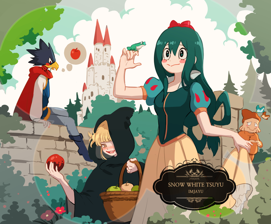 2boys, 2girls, animal, animal_head, animal_on_hand, apple, asui_tsuyu, basket