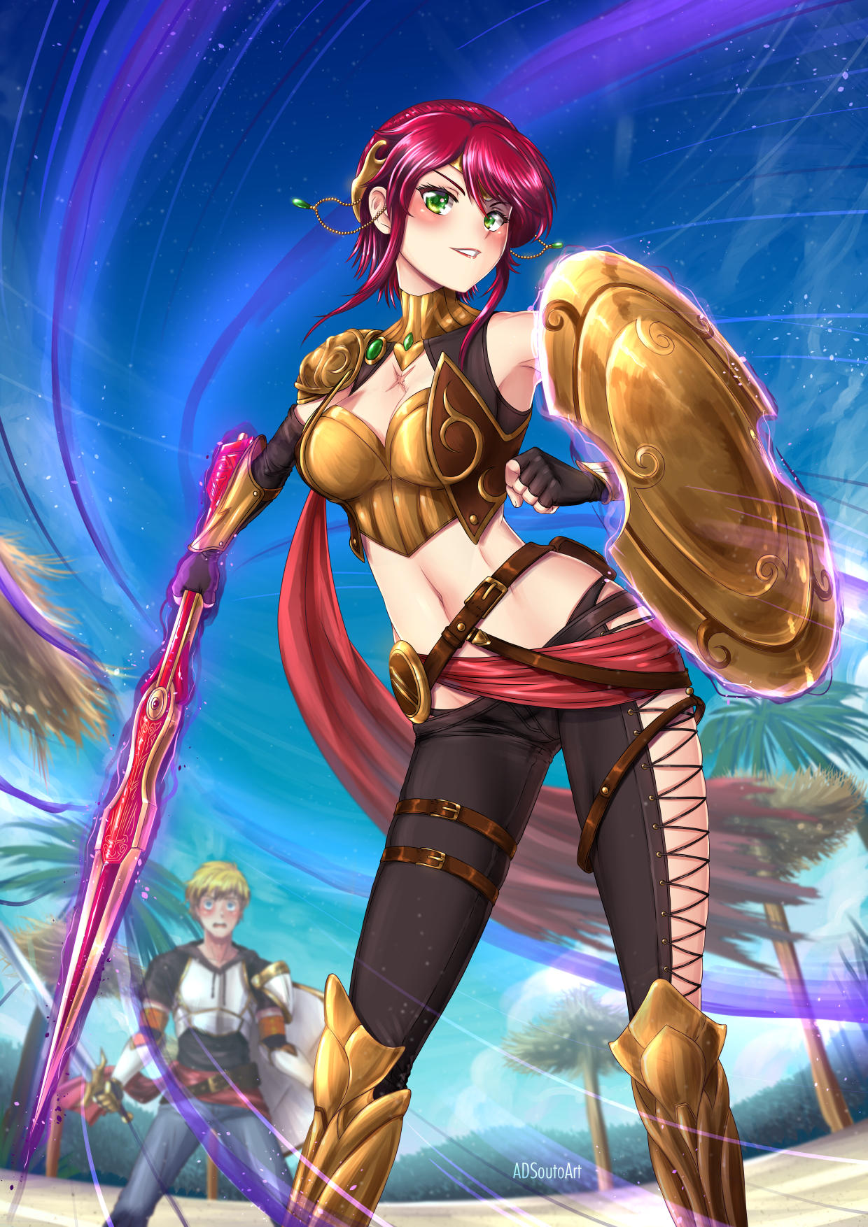 1boy, 1girl, adsouto, alternate_costume, alternate_hairstyle, arm_guards, armlet, armor