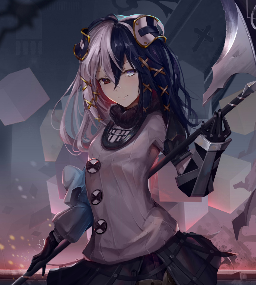 1girl, absurdres, black_gloves, black_hair, black_skirt, blue_eyes, gloves, grey_sweater