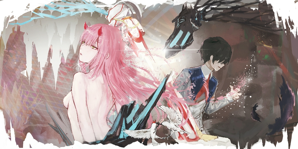 1boy, 1girl, abstract, bangs, bird, black_hair, breasts, clothed_male_nude_female, commentary, couple, crying, darling_in_the_franxx, floating_hair, green_eyes, hei_xue, hetero, hiro_(darling_in_the_franxx), horns, long_hair, long_sleeves, mecha, medium_breasts, military, military_uniform, necktie, nude, oni_horns, pink_hair, red_horns, red_neckwear, strelizia, tears, uniform, zero_two_(darling_in_the_franxx)