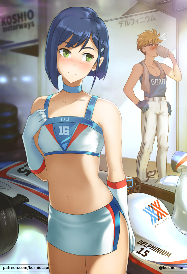 1boy, 1girl, alternate_costume, bare_shoulders, blonde_hair, blue_hair, blush, commentary