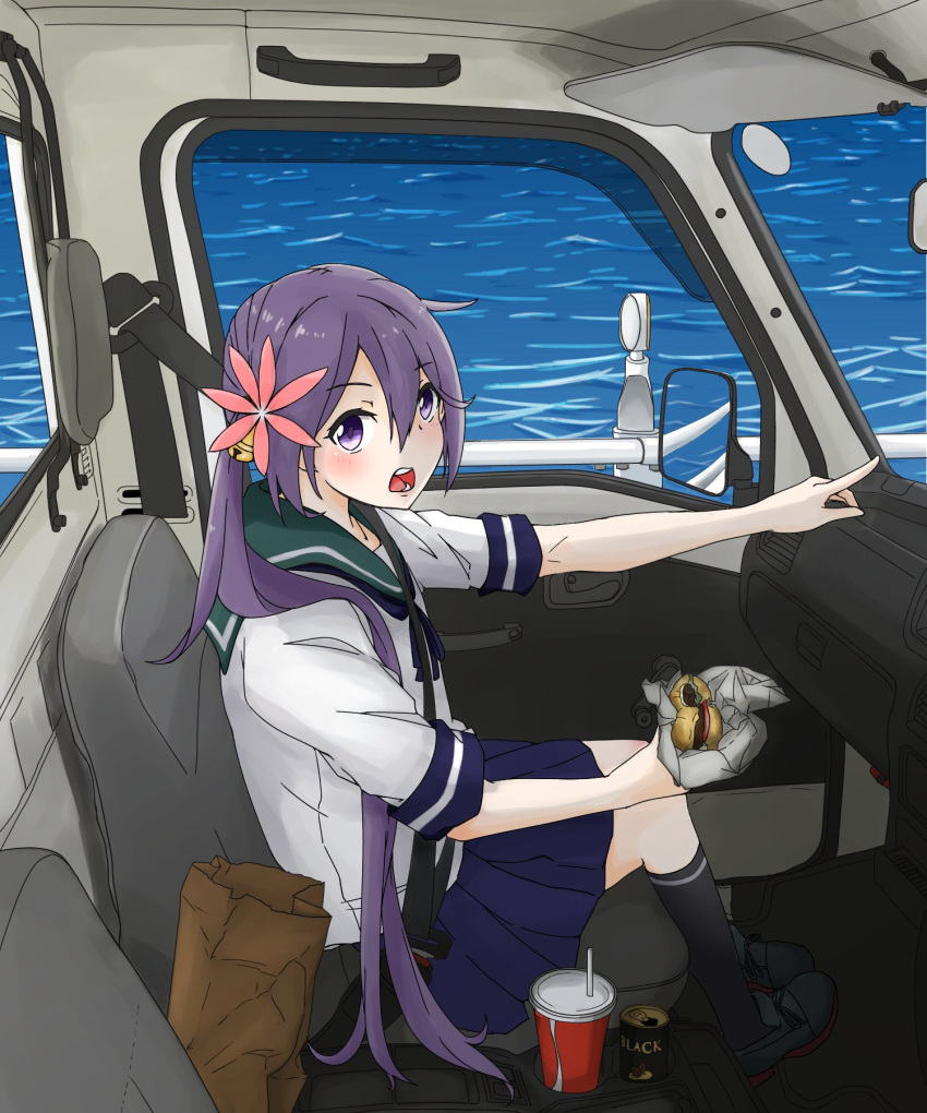 1girl, akebono_(kantai_collection), bag, bell, black_legwear, blue_neckwear, blue_skirt, can