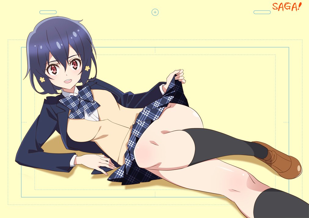 1girl, anko_(anko1014), arm_support, black_hair, black_jacket, black_legwear, black_neckwear, black_skirt, blazer, brown_eyes, brown_footwear, hair_ornament, jacket, kneehighs, lifted_by_self, loafers, looking_at_viewer, lying, mizuno_ai, on_side, plaid, plaid_neckwear, plaid_skirt, pleated_skirt, school_uniform, shoes, short_hair, skirt, skirt_lift, solo, sweater_vest, unmoving_pattern, yellow_background, zombie_land_saga