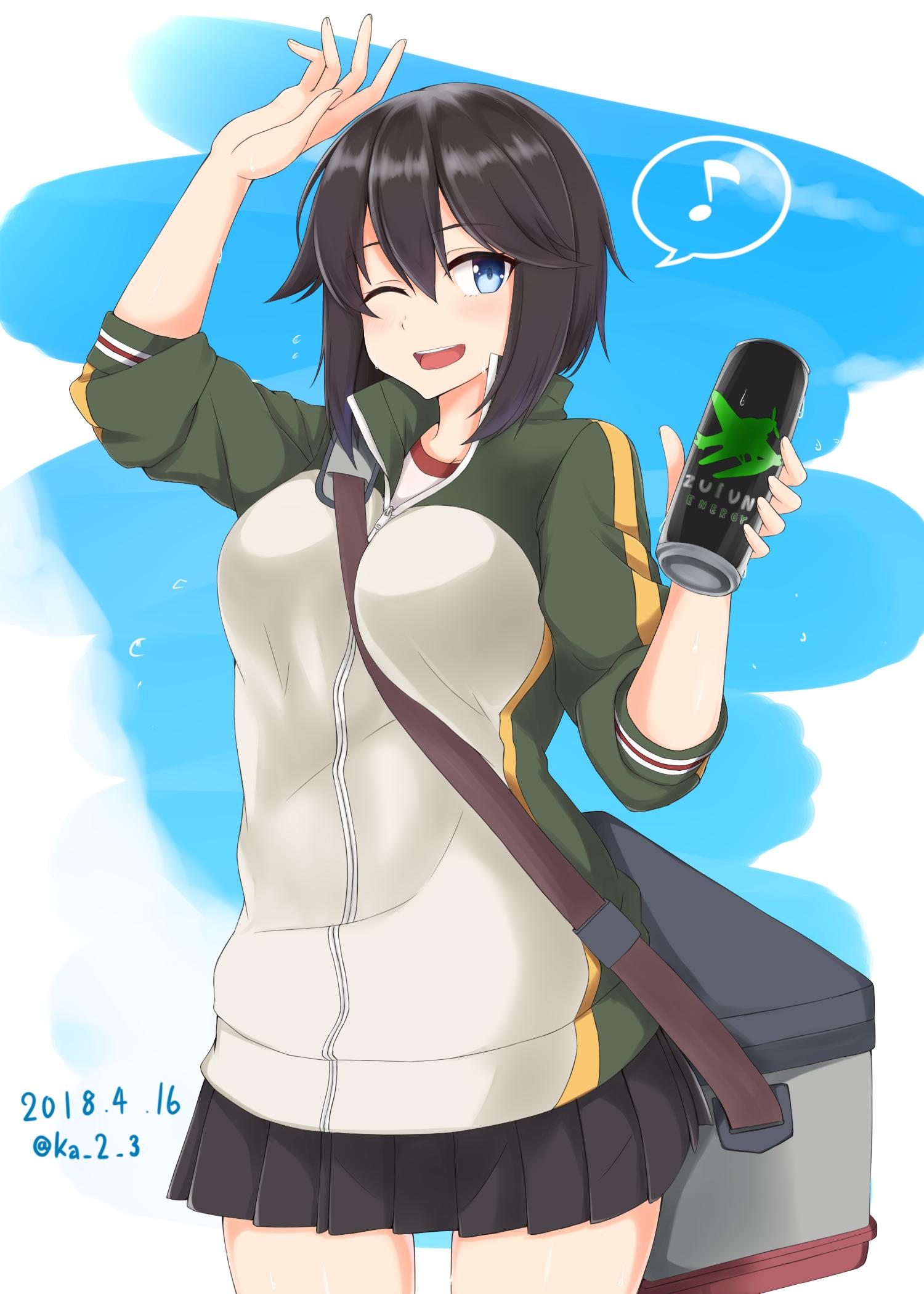 1girl, black_hair, black_skirt, blue_eyes, can, cooler, cowboy_shot, dated, e16a_zuiun, eighth_note, energy_drink, hayasui_(kantai_collection), highres, jacket, ka_tsumi, kantai_collection, looking_at_viewer, monster_energy, musical_note, one_eye_closed, parody, pleated_skirt, short_hair, skirt, smile, solo, spoken_musical_note, track_jacket, twitter_username, two-tone_background, white_background