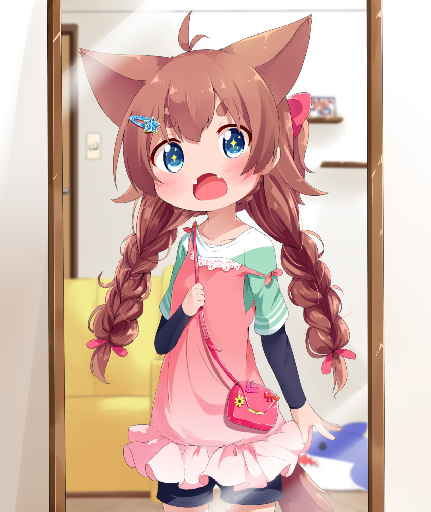 1girl, :o, ahoge, animal_ears, bag, blue_eyes, blush, braid, brown_hair, commentary_request, cowboy_shot, eyebrows_visible_through_hair, fangs, hair_ornament, hairclip, highres, holding_strap, indoors, long_hair, long_sleeves, looking_at_viewer, makuran, mirror, momiji_(makuran), open_mouth, original, reflection, short_over_long_sleeves, short_sleeves, shorts, shoulder_bag, solo, sparkling_eyes, strap_slip, tail, thick_eyebrows, twin_braids