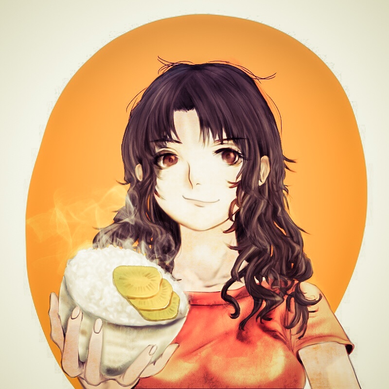 1girl, bangs, brown_eyes, brown_hair, chigasaki_mayuko, food, gorilla(1844~), long_hair