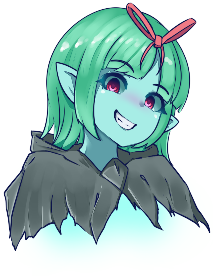 1girl, :d, aqua_skin, bangs, blunt_bangs, cloak, empty_eyes, eyebrows_visible_through_hair