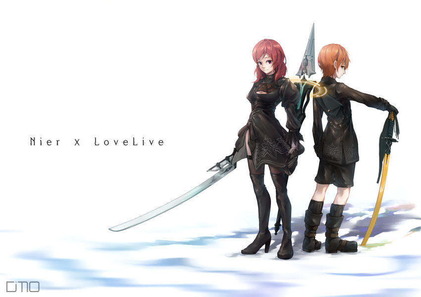 2girls, absurdres, black_clothes, boots, copyright_name, cosplay, dms, highres