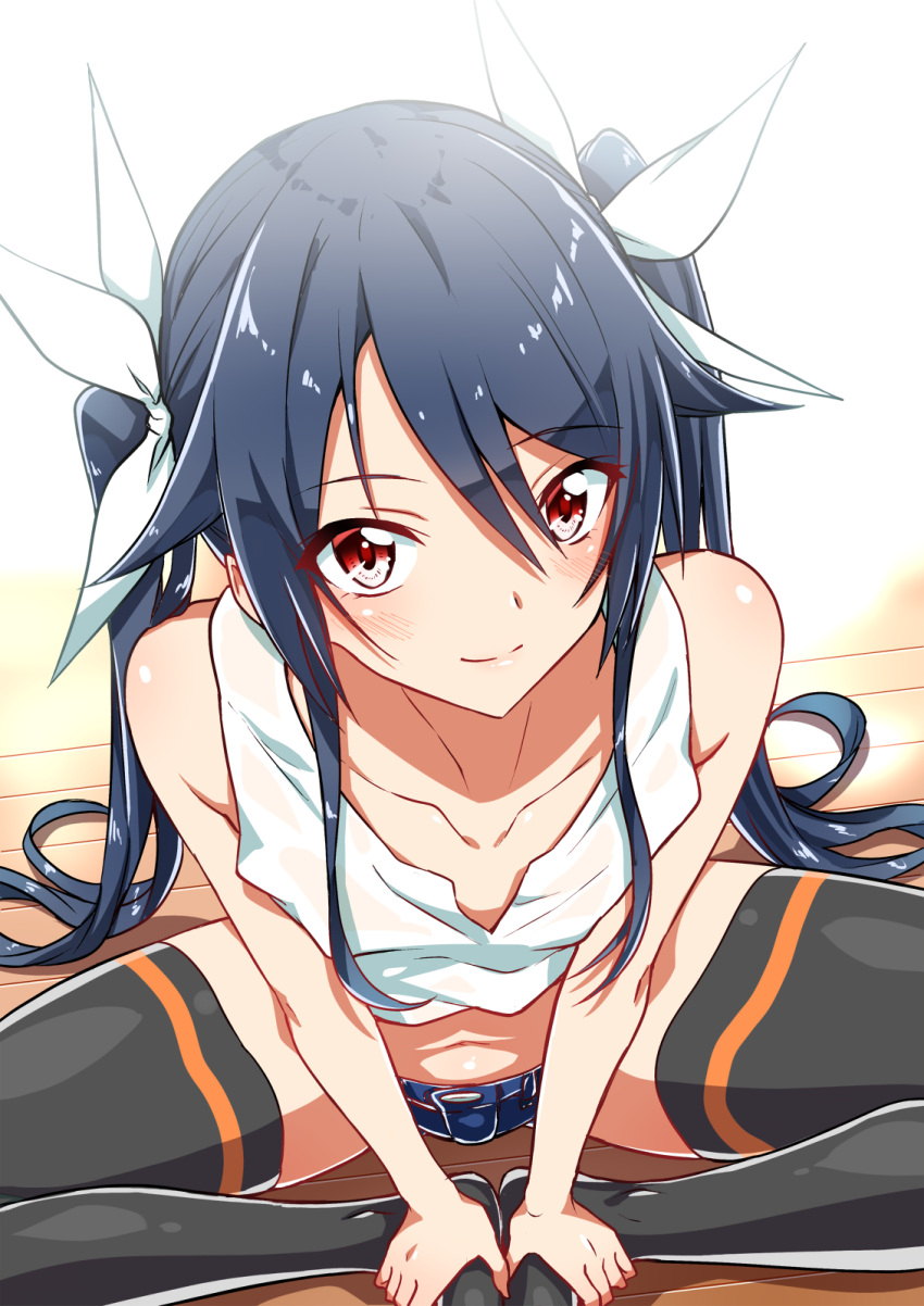 1girl, bangs, bare_arms, bare_shoulders, black_hair, black_legwear, blue_shorts, butterfly_sitting