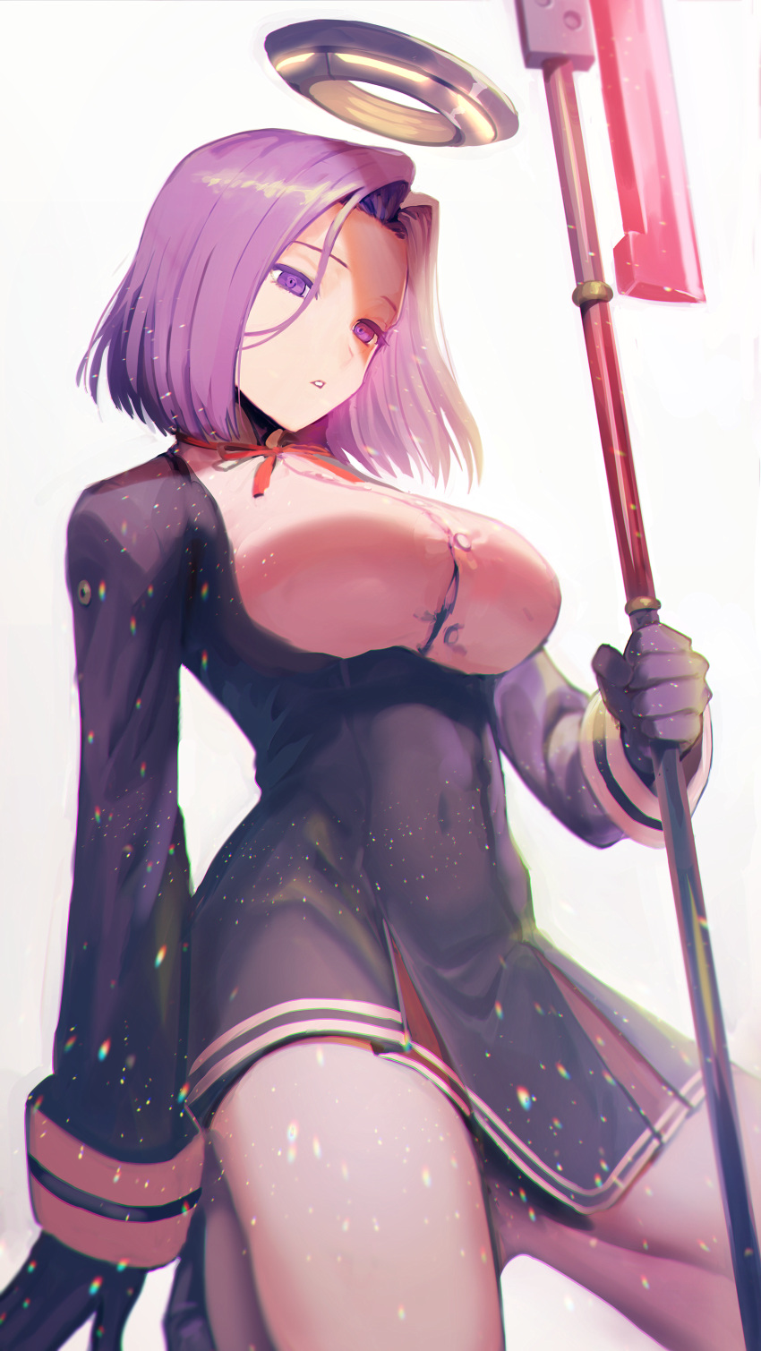1girl, :o, absurdres, black_gloves, breasts, buttons, ganov, glaive