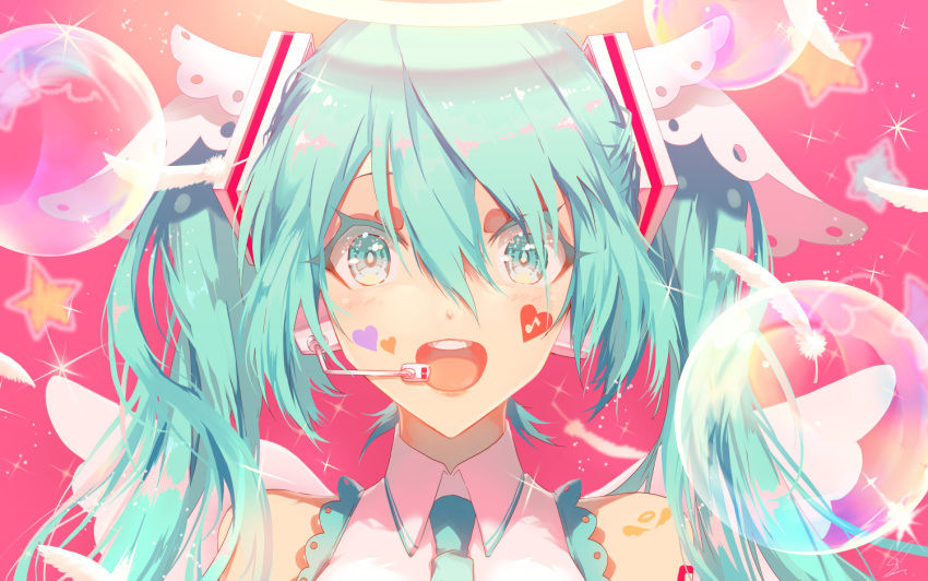 1girl, :d, angel_wings, bare_shoulders, blue_eyes, blue_hair, blue_neckwear, bubble