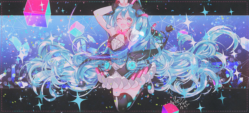 1girl, 2019, ;d, absurdly_long_hair, arm_up, armpits, black_legwear, blue_eyes