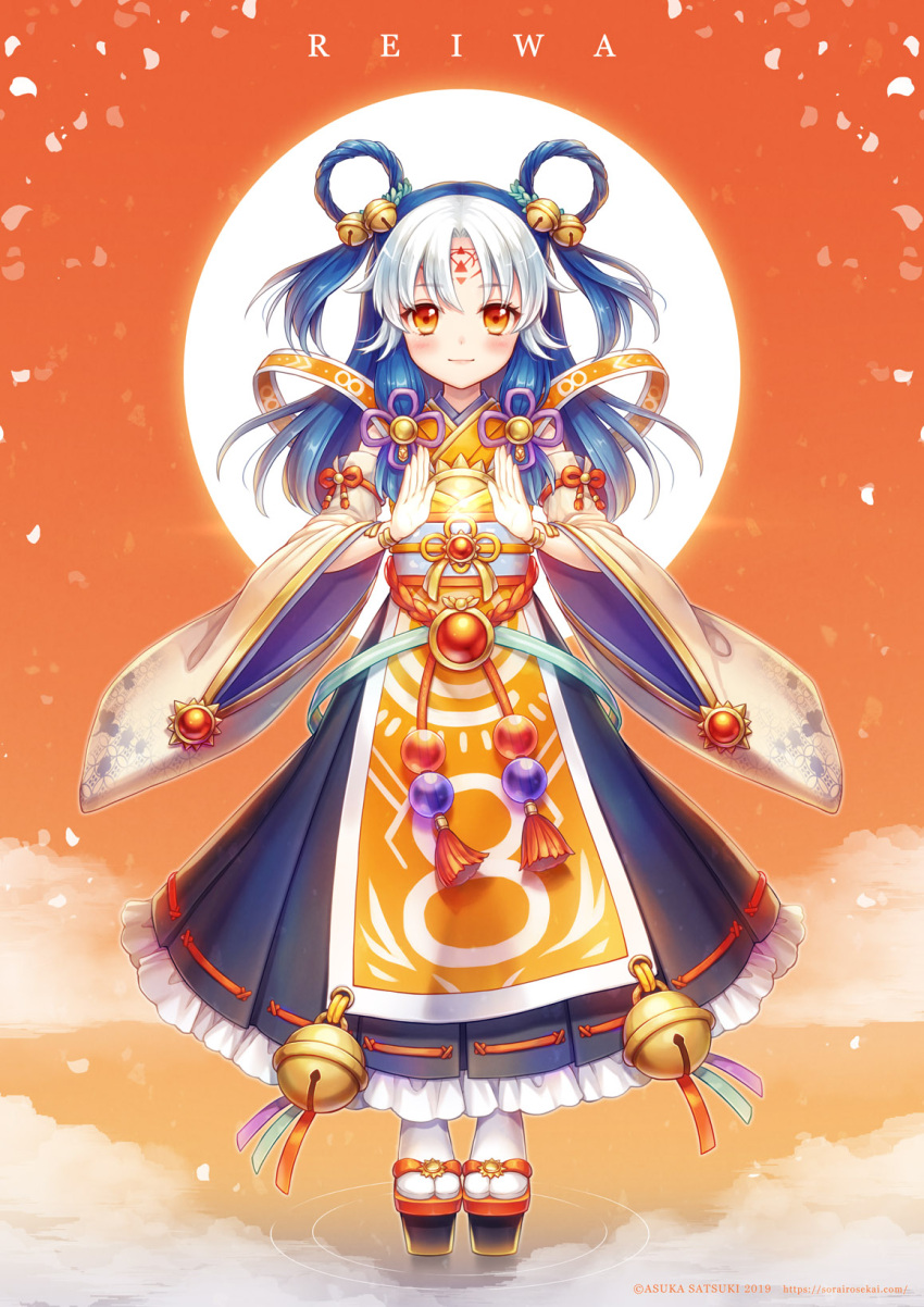 1girl, artist_name, bangs, bell, blue_hair, blush, brown_eyes, cannan