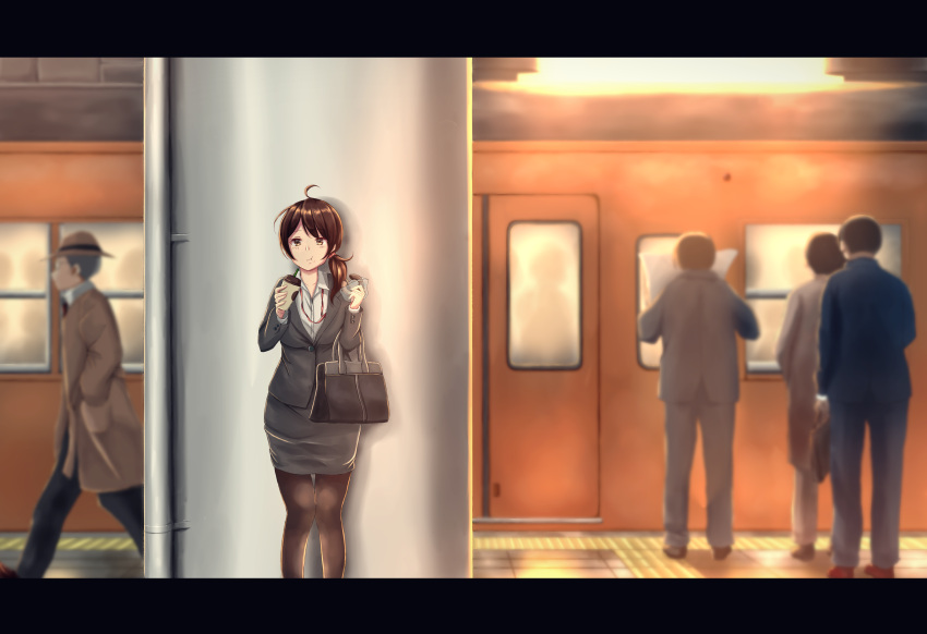 1girl, absurdres, bag, bangs, black_legwear, brown_eyes, brown_hair, chewing