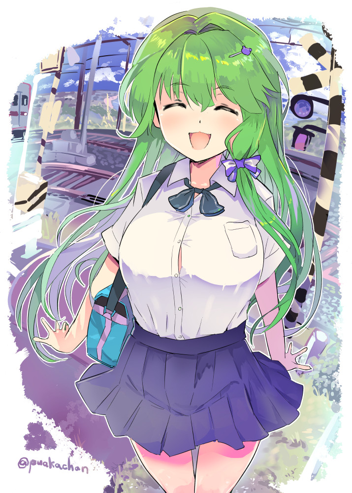 1girl, alternate_costume, bag, blue_skirt, bowtie, closed_eyes, eyebrows_visible, frog_hairclip, grass, green_hair, kochiya_sanae, miniskirt, open_mouth, outdoors, pocket, puakachan, railway, ribbon, school_bag, school_uniform, short_sleeve, sign, skirt, smile, star, touhou, traffic, train, tucked_in