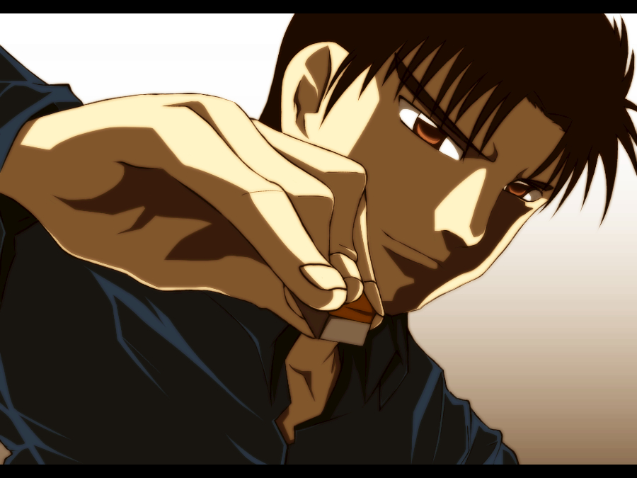 1boy, asada_tetsuya, black_hair, black_shirt, brown_eyes, gambler_densetsu_tetsuya, mahjong, mahjong_tile, male_focus, rhine, shirt, simple_background, solo, upper_body