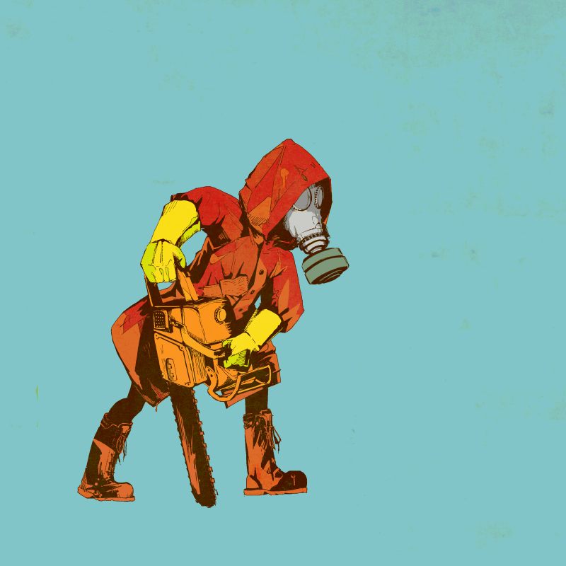black_legwear, blue_background, boots, chainsaw, coat, full_body, gas_mask, gloves, hidden_face, holding, hood, kiyopon, looking_to_the_side, mask, original, pantyhose, raincoat, red_coat, shoelaces, simple_background, solo, standing, yellow_gloves