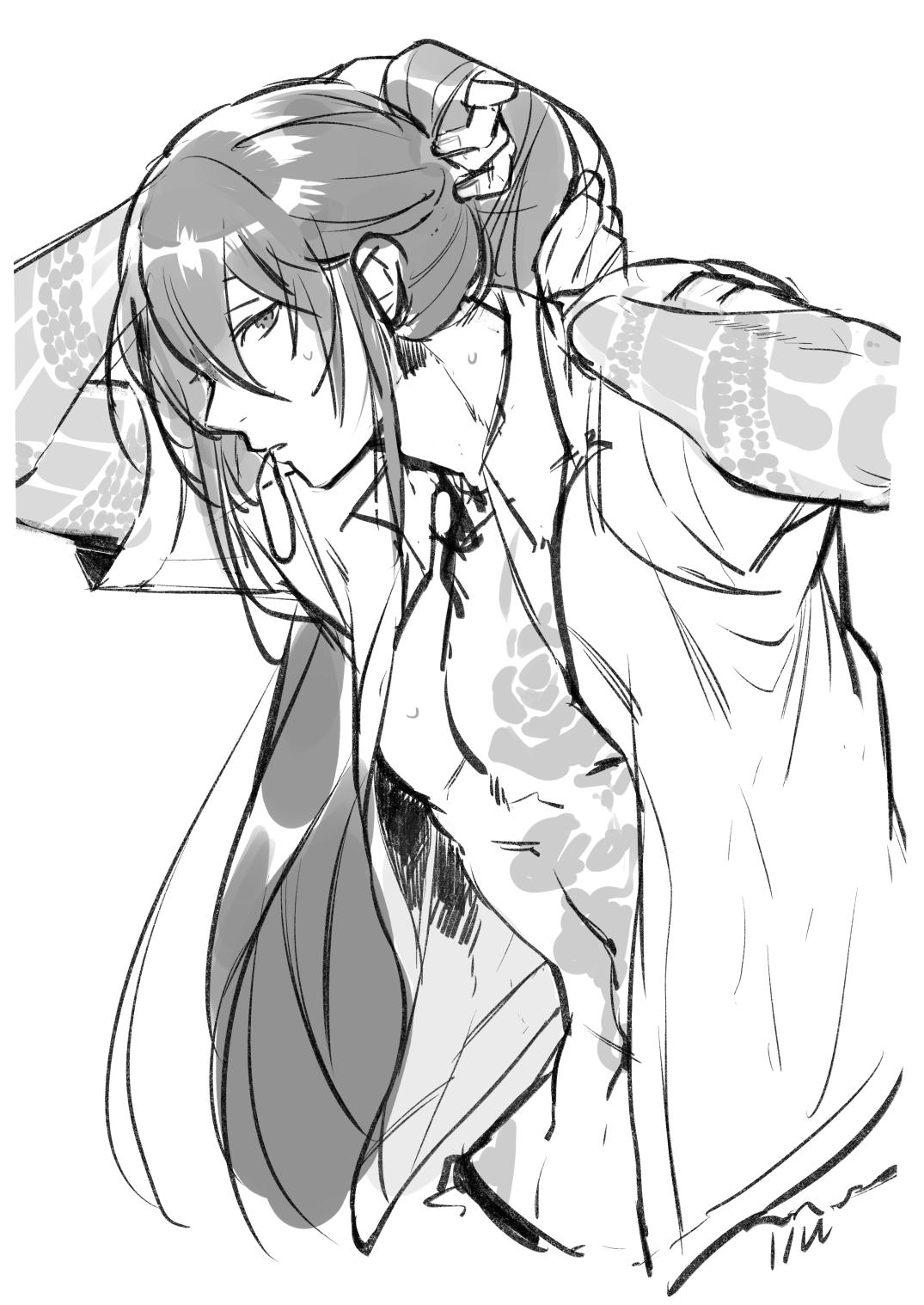1boy, adjusting_hair, adonis_belt, bare_shoulders, black_hair, fate/grand_order, fate_(series), full_body_tattoo
