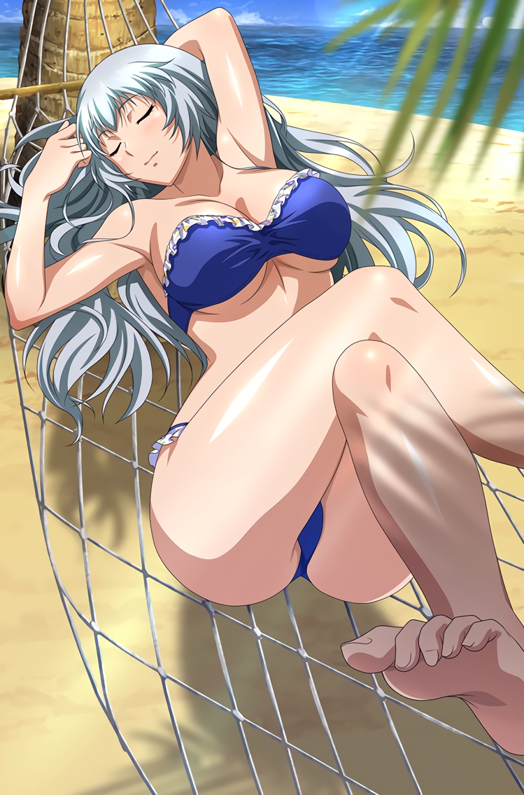 1girl, armpits, barefoot, beach, bikini, blue_bikini, blurry_foreground, breasts