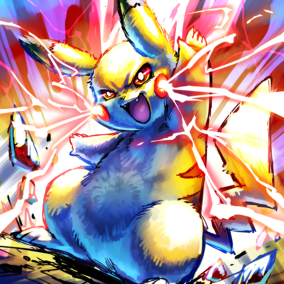 brown_fur, fangs, gen_1_pokemon, ginziro, no_humans, pikachu, pokemon, striped