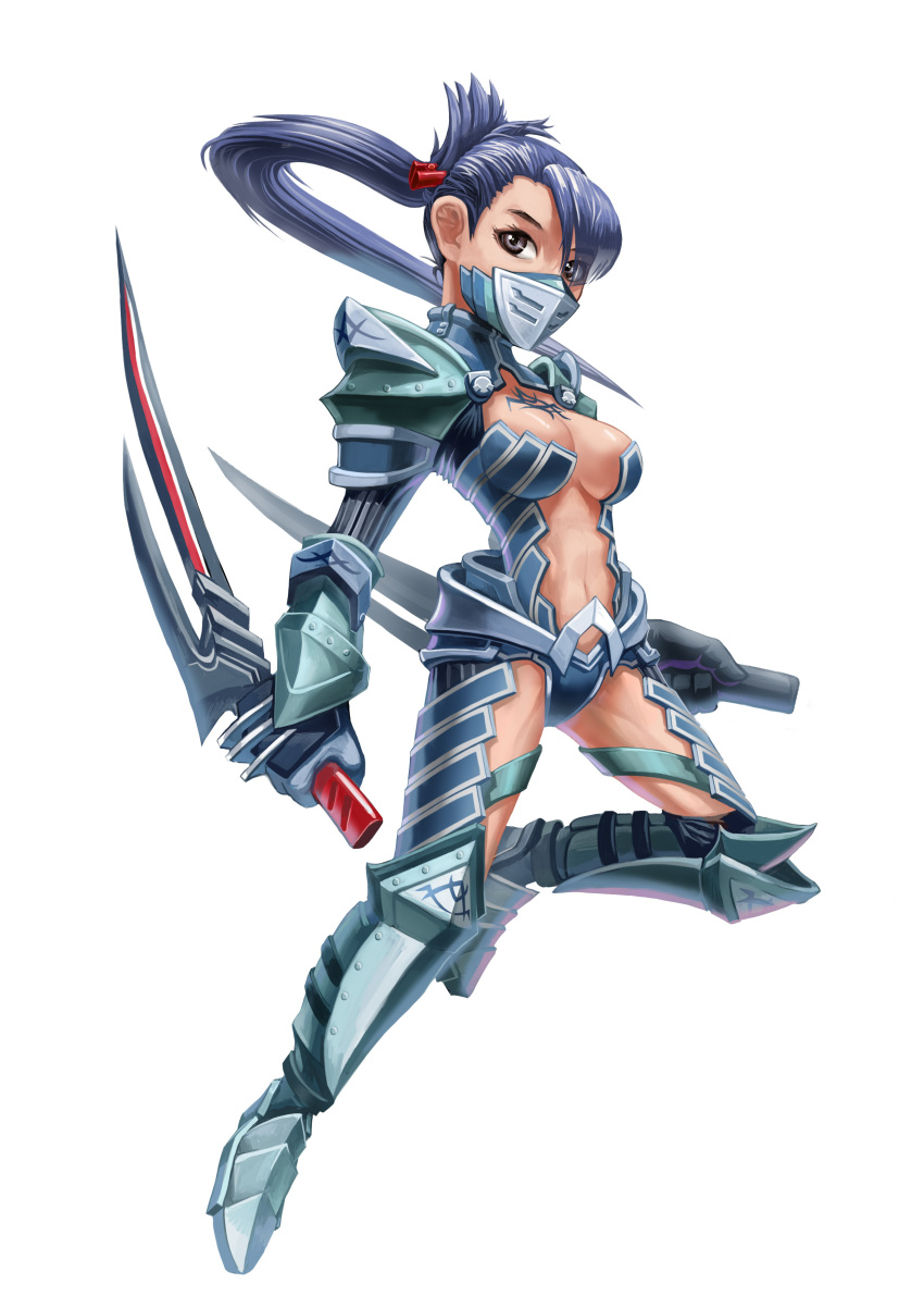 armor, blue_hair, boots, brown_eyes, flyff, gloves, highres, mask