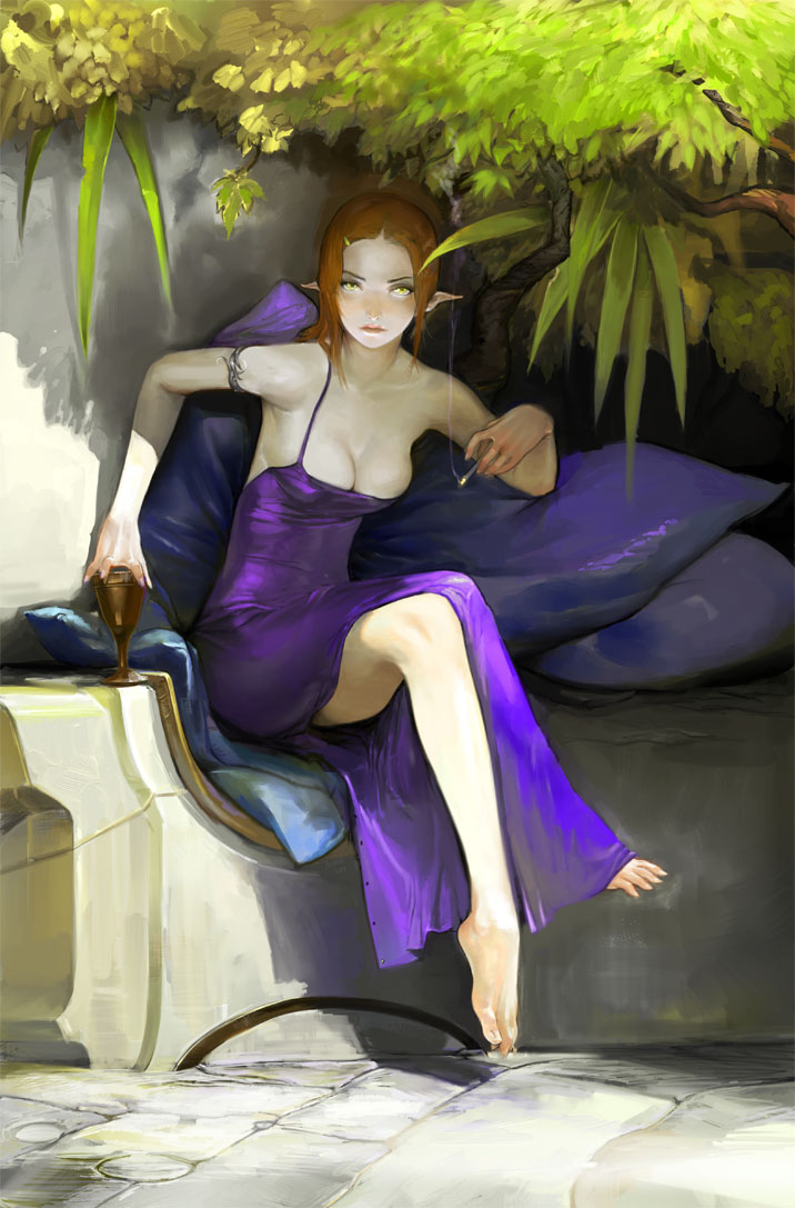 breasts, cigarette, cleavage, cup, dress, elf, no_bra, ongaro