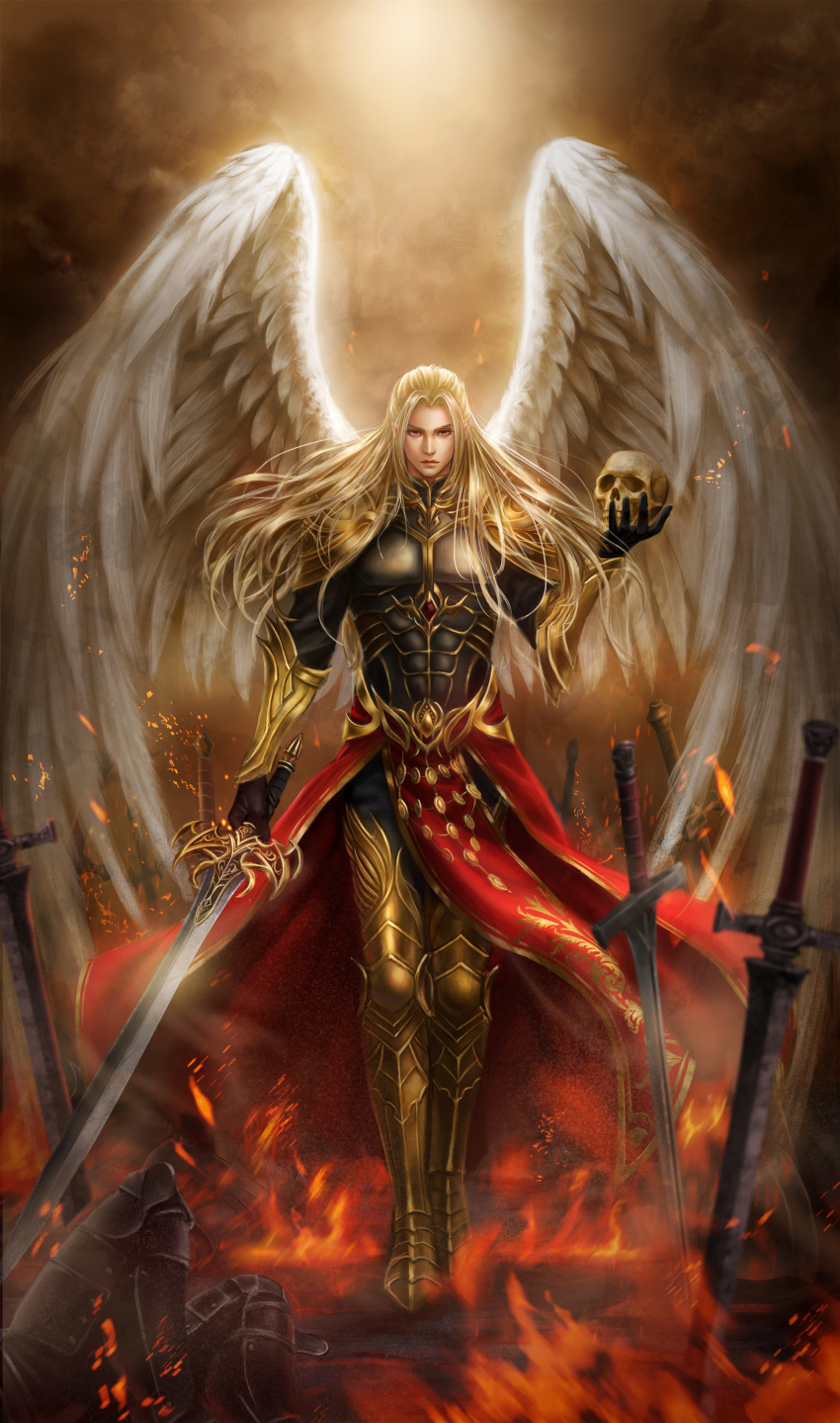1boy, absurdres, angel, angel_wings, armor, black_gloves, blonde_hair, brown_eyes