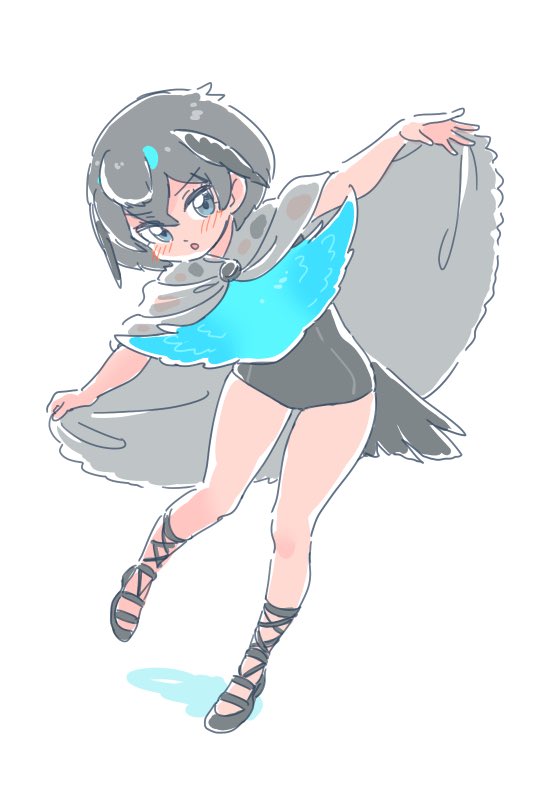 1girl, adapted_costume, bare_legs, bird_tail, bird_wings, black_hair, black_swimsuit, blue_eyes